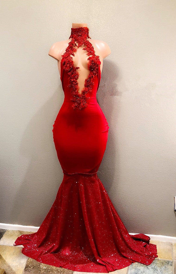 Red Mermaid Prom Dress UK with High Collar and Sparkly Sequins-ballbellauk