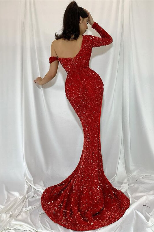 Red Mermaid Sequins Prom Dress UK with One Shoulder Split-ballbellauk