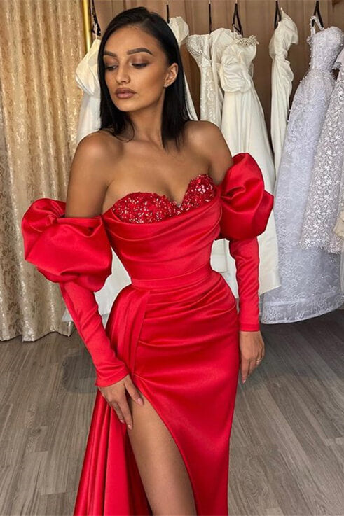 Red Off-The-Shoulder Mermaid Split Prom Dress UK with Diamond Appliques-ballbellauk