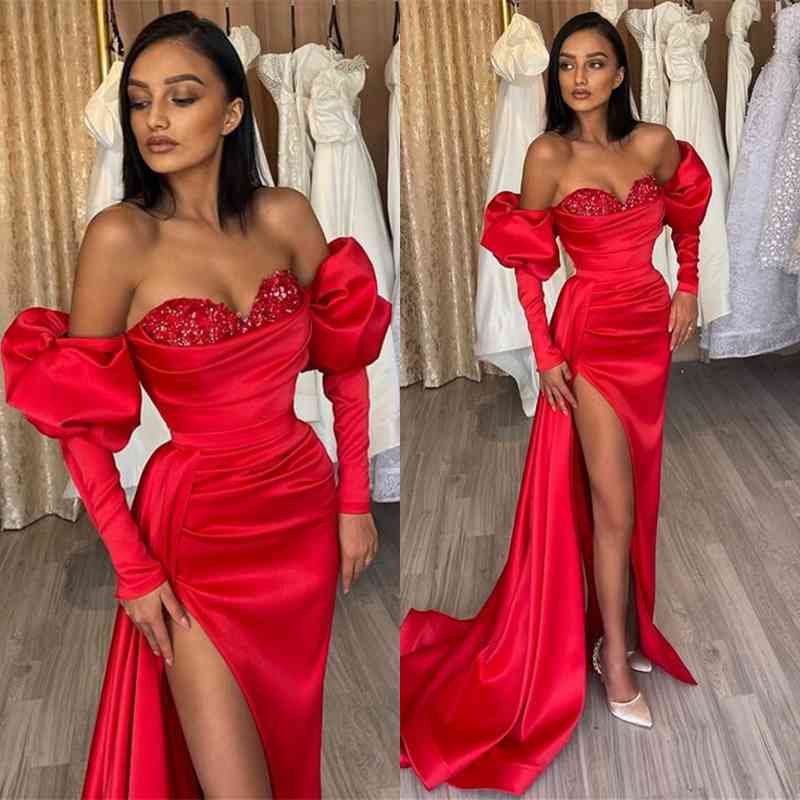 Red Off-The-Shoulder Mermaid Split Prom Dress UK with Diamond Appliques-ballbellauk