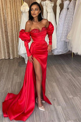 Red Off-The-Shoulder Mermaid Split Prom Dress UK with Diamond Appliques-ballbellauk