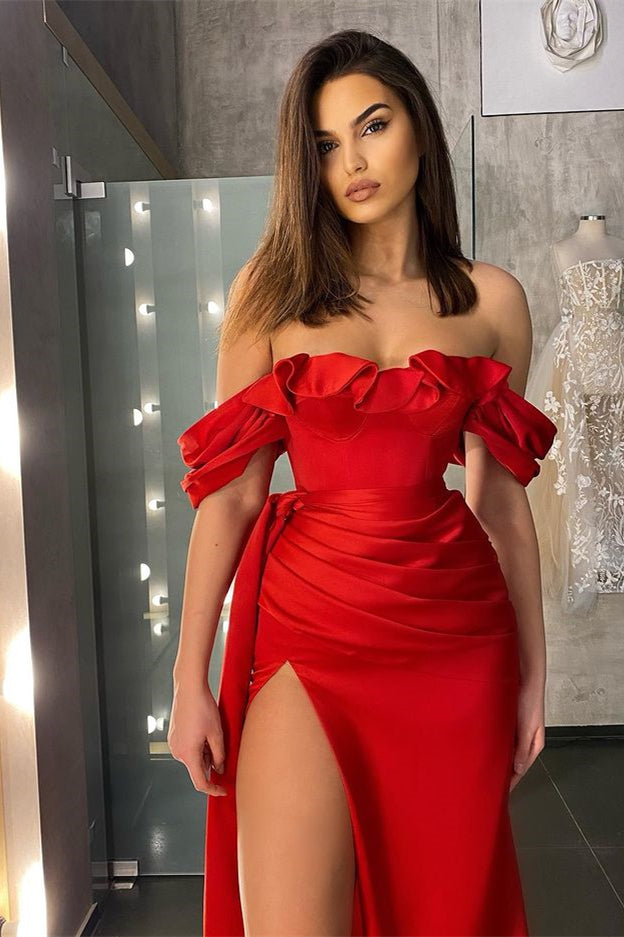 Red Off-the-Shoulder Slit Prom Dress UK with Ruffles-ballbellauk