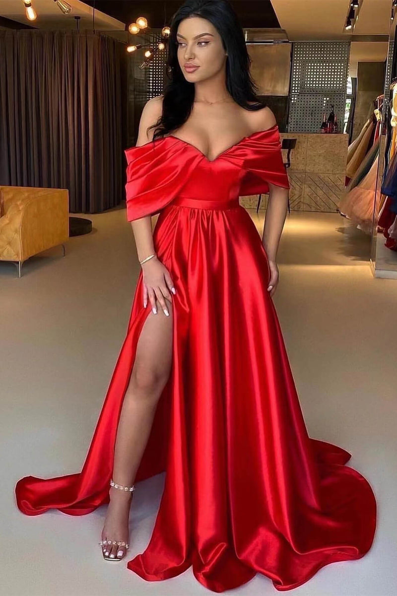 Red Off The Shoulder Split A Line Prom Dress UK-ballbellauk