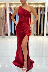 Red One Shoulder Mermaid Evening Dress with Split-ballbellauk