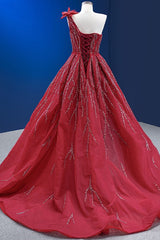 Red One Shoulder Mermaid Prom Dress UK With Ruffles and Flower Appliques-ballbellauk