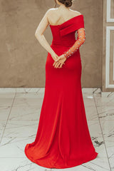 Red One Shoulder Prom Dress UK with Beadings and Split Mermaid Long Sleeves-ballbellauk