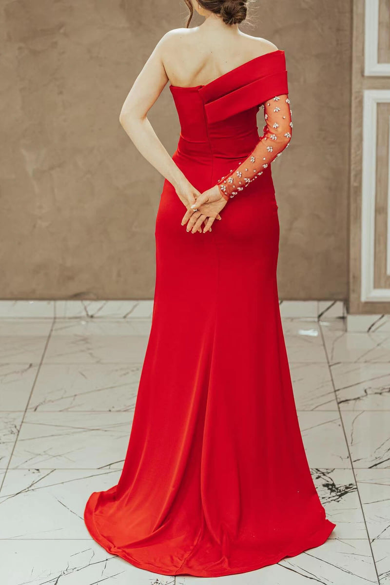 Red One Shoulder Prom Dress UK with Beadings and Split Mermaid Long Sleeves-ballbellauk