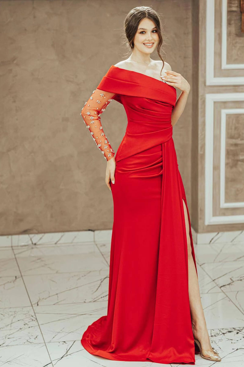 Red One Shoulder Prom Dress UK with Beadings and Split Mermaid Long Sleeves-ballbellauk