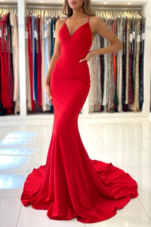 Red Spaghetti Strap Mermaid Evening Dress-ballbellauk