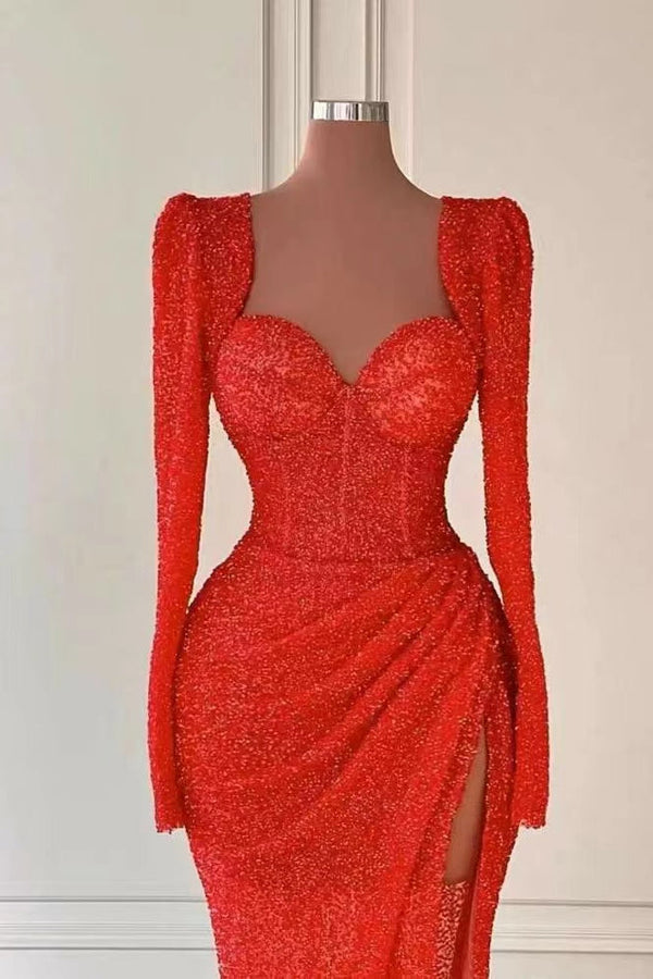 Red Sweetheart Mermaid Evening Dress with Splits and Long Sleeves-ballbellauk