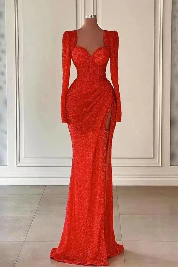 Red Sweetheart Mermaid Evening Dress with Splits and Long Sleeves-ballbellauk