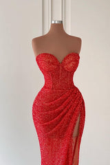 Red Sweetheart Sleeveless Long Mermaid Sequins Prom Dress UK with Split-ballbellauk