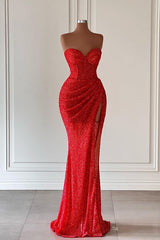 Red Sweetheart Sleeveless Long Mermaid Sequins Prom Dress UK with Split-ballbellauk