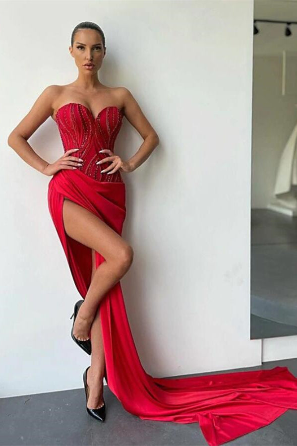 Red Sweetheart Sleeveless Prom Dress UK with Beadings & Split-ballbellauk