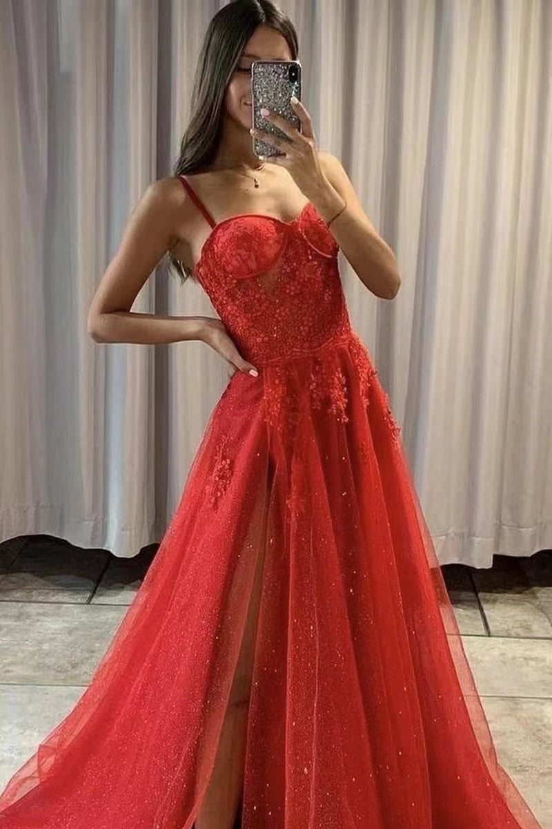 Red Sweetheart Slit Sequins Prom Dress UK With Tulle & Spaghetti Straps-ballbellauk