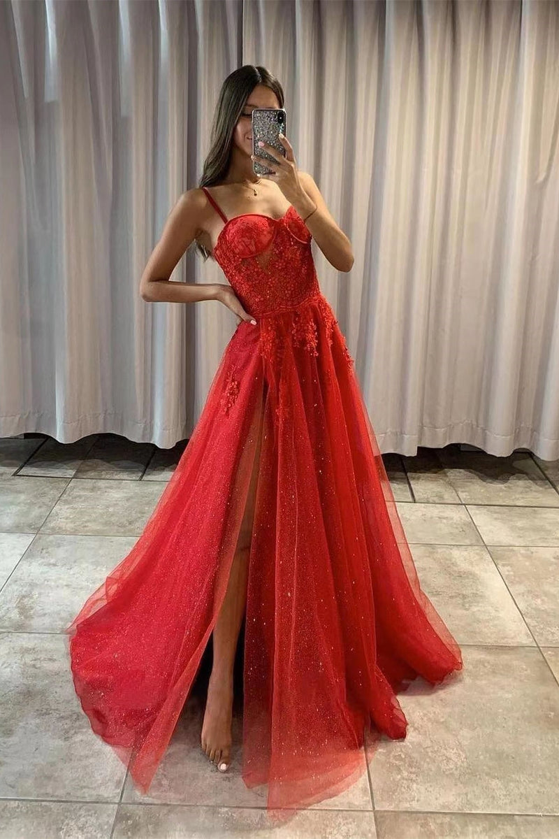 Red Sweetheart Slit Sequins Prom Dress UK With Tulle & Spaghetti Straps-ballbellauk