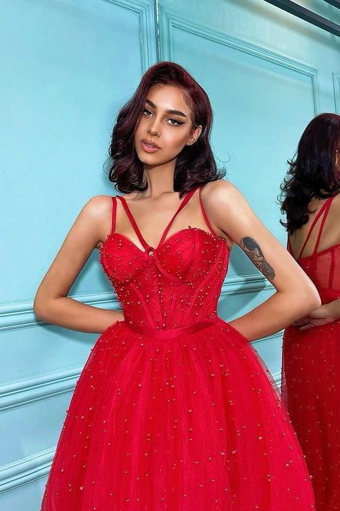 Red Tulle Prom Dress UK with Spaghetti-Straps and Pearls On Sale-ballbellauk