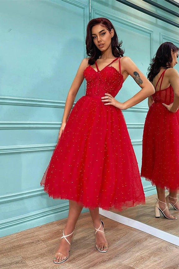 Red Tulle Prom Dress UK with Spaghetti-Straps and Pearls On Sale-ballbellauk