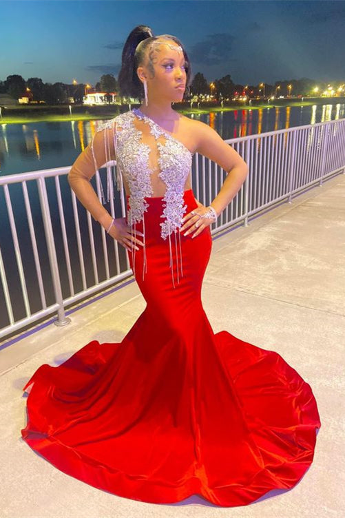 Red & White Mermaid Prom Dress UK w/ Tassel Appliques-ballbellauk