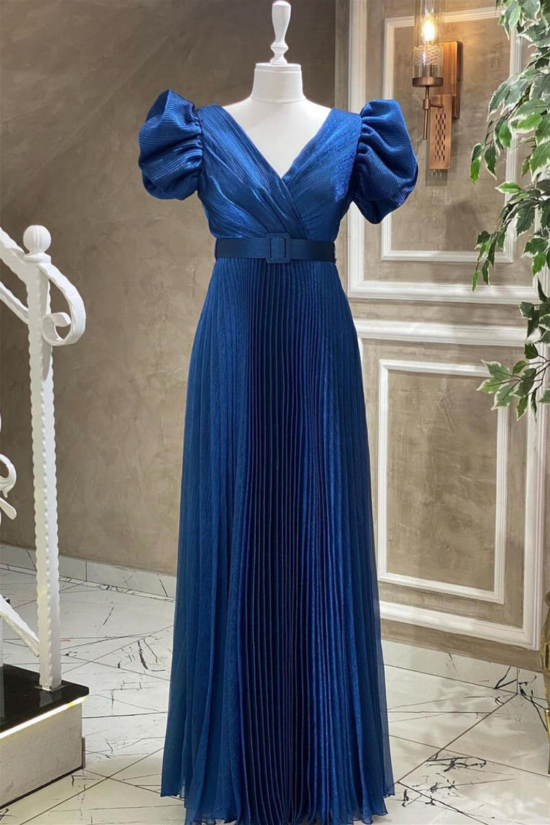 Royal Blue Evening Dress With Short Sleeves and Belt - V-Neck Online-ballbellauk