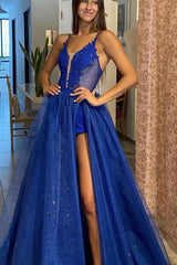 Royal Blue Evening Dress With Split Spaghetti-Straps and Appliques-ballbellauk