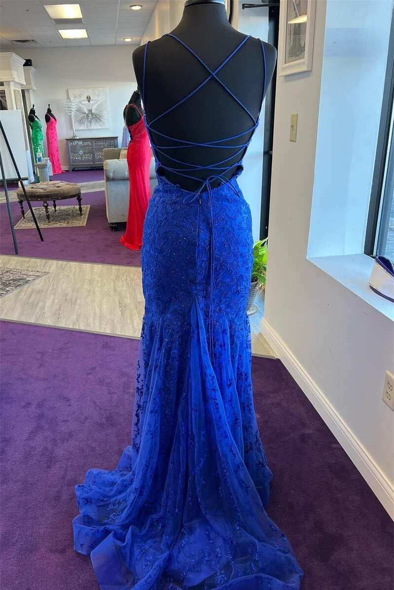 Royal Blue Evening Dress with Tulle Appliques and Spaghetti-Straps-ballbellauk