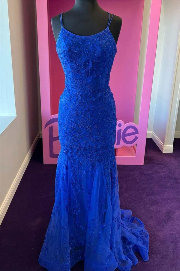 Royal Blue Evening Dress with Tulle Appliques and Spaghetti-Straps-ballbellauk