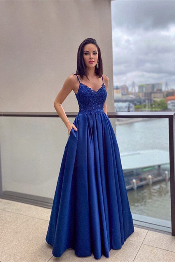 Royal Blue Lace Prom Dress UK with Pockets-ballbellauk