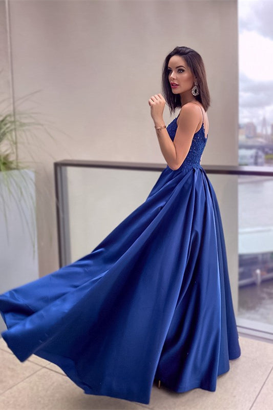 Royal Blue Lace Prom Dress UK with Pockets-ballbellauk