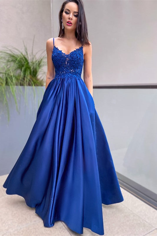 Royal Blue Lace Prom Dress UK with Pockets-ballbellauk