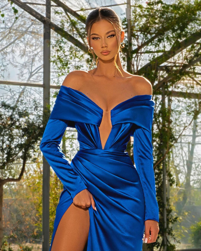 Royal Blue Long Sleeve Strapless Split Prom Dress UK-ballbellauk