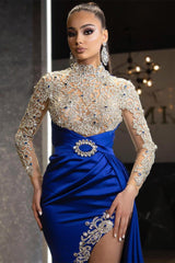 Royal Blue Long Sleeves Mermaid Prom Dress UK with Split Beadings and Ruffles-ballbellauk