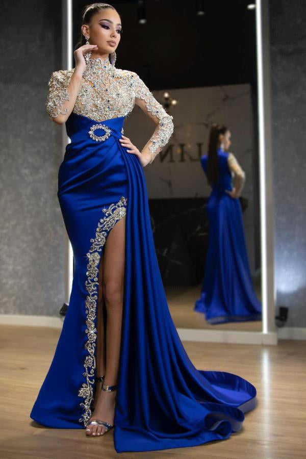 Royal Blue Long Sleeves Mermaid Prom Dress UK with Split Beadings and Ruffles-ballbellauk