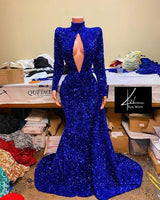 Royal Blue Mermaid Prom Dress UK with Sequins and High Neck Long Sleeves-ballbellauk