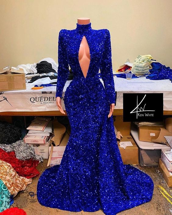 Royal Blue Mermaid Prom Dress UK with Sequins and High Neck Long Sleeves-ballbellauk