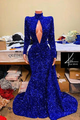 Royal Blue Mermaid Prom Dress UK with Sequins and High Neck Long Sleeves-ballbellauk