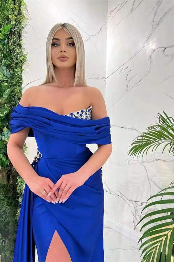 Royal Blue Mermaid Split Prom Dress UK With Ruffles Off-The-Shoulder-ballbellauk