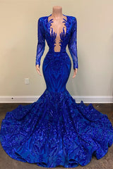 Royal Blue Sequins Prom Dress UK with Long Sleeves-ballbellauk