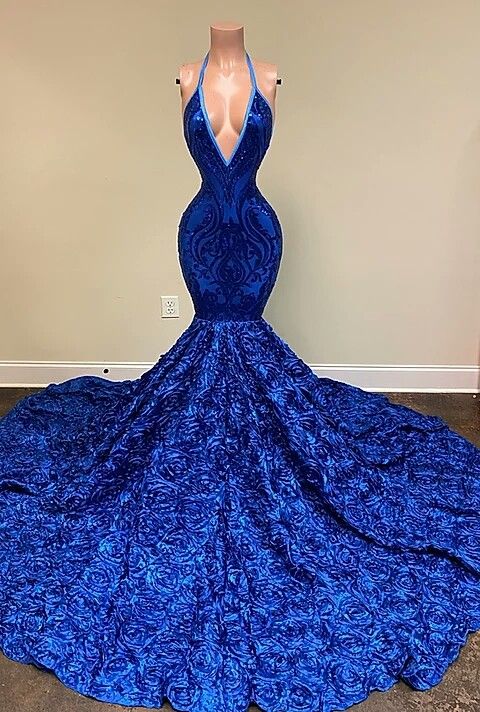 Royal Blue Sequins Prom Dress UK with Mermaid Bottom and Flower Details-ballbellauk