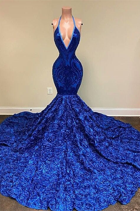 Royal Blue Sequins Prom Dress UK with Mermaid Bottom and Flower Details-ballbellauk