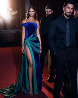 Royal Blue Split One Shoulder Mermaid Long Evening Dress With Dark Green Ruffle-ballbellauk