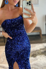 Royal Blue Split Strapless Mermaid Prom Dress UK with Sequins-ballbellauk