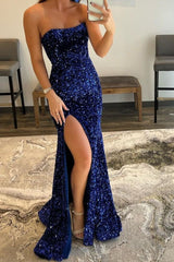 Royal Blue Split Strapless Mermaid Prom Dress UK with Sequins-ballbellauk