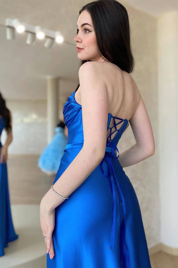 Royal Blue Strapless Sleeveless Prom Dress UK With Split-ballbellauk