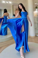 Royal Blue Strapless Sleeveless Prom Dress UK With Split-ballbellauk