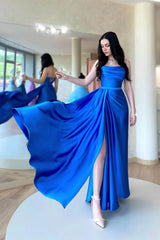 Royal Blue Strapless Sleeveless Prom Dress UK With Split-ballbellauk