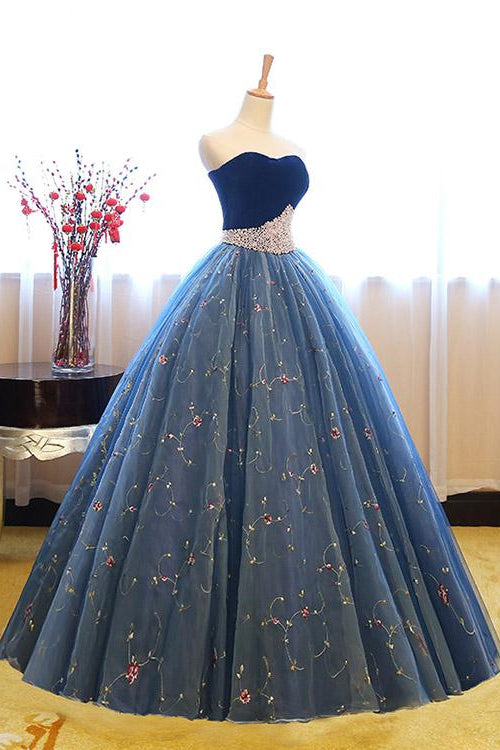 Royal Blue Sweetheart Ball Gown Evening Dress with Pearl Appliques and Sleeveless Design-ballbellauk