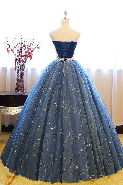 Royal Blue Sweetheart Ball Gown Evening Dress with Pearl Appliques and Sleeveless Design-ballbellauk