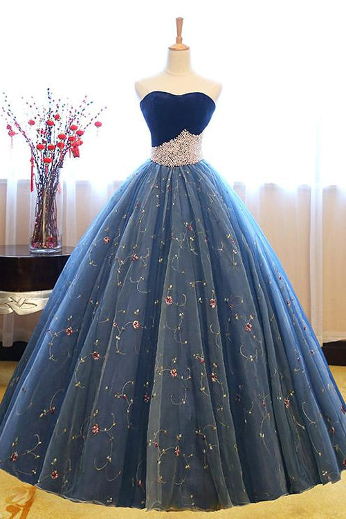 Royal Blue Sweetheart Ball Gown Evening Dress with Pearl Appliques and Sleeveless Design-ballbellauk