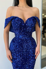 Royal Blue Sweetheart Evening Dress with Off-The-Shoulder & Sequins Mermaid Design-ballbellauk